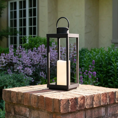 Extra Large Dope Outdoor Solar Lantern With Realistic LED Candle Waterproof 18 Inch Front Porch Decor on brick wall