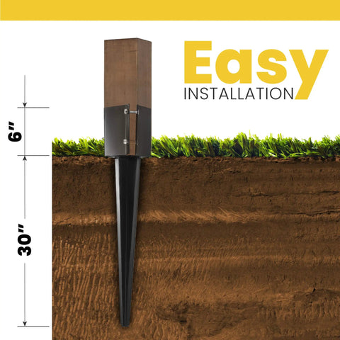 Heavy Duty 36 Inch Fence Post Ground Spike 4x4 To 3.5x3.5 Wood Posts Black Powder Coated No Dig Easy Install Mailbox Post Anchor For Outdoor Fences Durability, illustrated partially inserted into ground, highlighting easy installation.