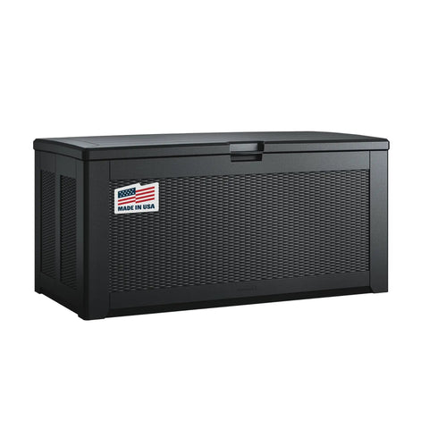 Extra Large Resin Outdoor Storage Deck Box 134 Gallon Capacity Weather Resistant Black Tough Yard Organizer with made in USA sticker