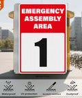 Two Pack Emergency Assembly Area Signs 18 By 12 Inches Aluminum Reflective Safety Signage With Pre Drilled Holes for outdoor use