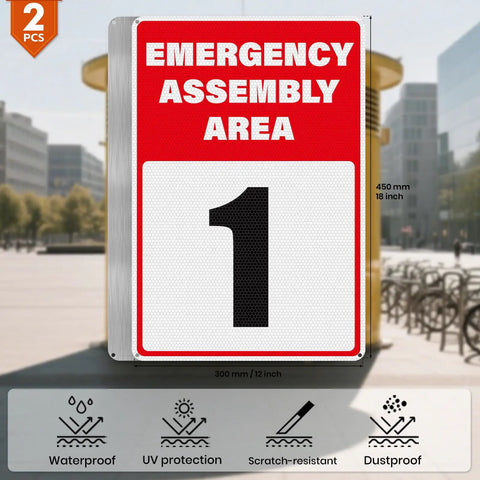 Two Pack Emergency Assembly Area Signs 18 By 12 Inches Aluminum Reflective Safety Signage With Pre Drilled Holes for outdoor use