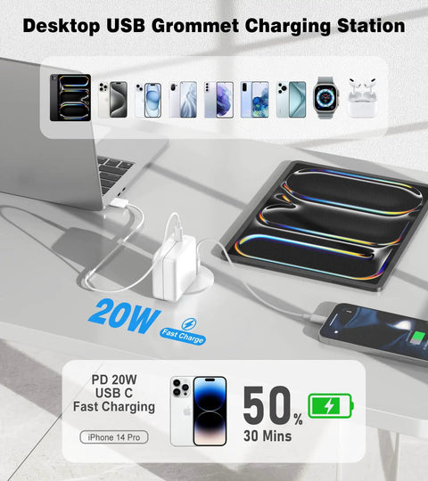 Recessed Power Strip Two Pack Desk Grommet Outlet 2.5 Inch Ten Foot Cord Triple USB Fast Charging Hub One AC Socket White Flush Desktop Charger with charging devices.