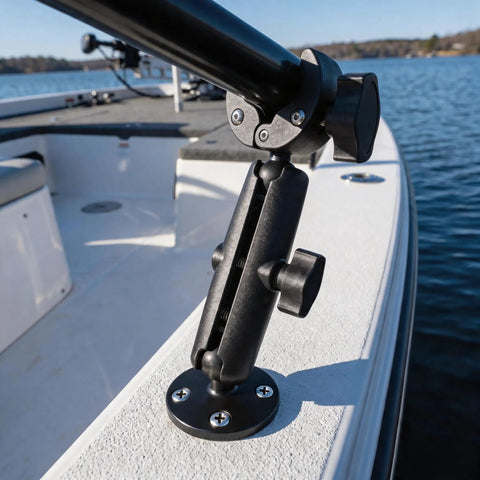 Heavy Duty Anti Vibration Trolling Motor Stabilizer Mount With 360 Degree Aluminum Bracket And Dual One Inch Rubber Ball Clamp on boat deck.