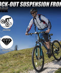 Cyclist riding 26 or 27.5 inch mountain bike for adults with 21 speed shifting grippy all terrain tires, blue frame, on trail.