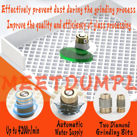 Glass processing tool with diamond grinding bits and automatic water supply on a perforated tray