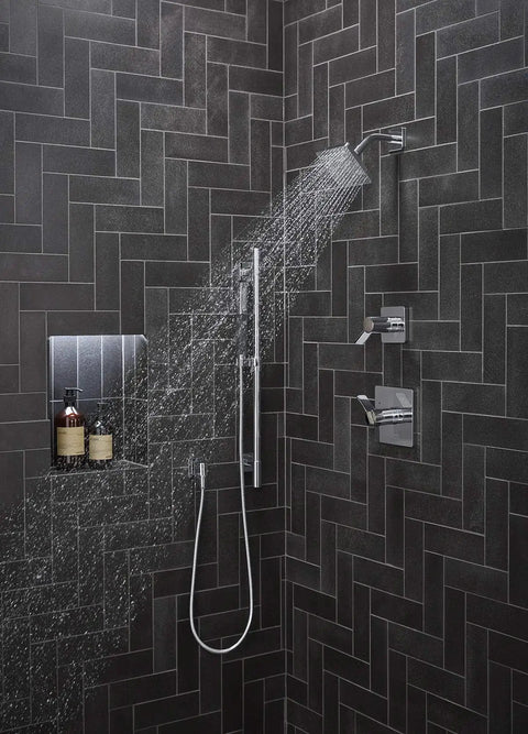Parallel Transfer Valve Trim With Lever Handle For MasterShower K-728 Series in a modern shower setup with dark tiles