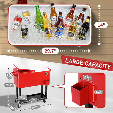 80 Quart Rolling Cooler Cart With Locking Wheels, Party Ready Beverage Bar Cart For Patio And Backyard Get Togethers, Stand Up Ice Chest On Wheels With Storage Shelf And Bottle Opener, Keeps Ice Up To 48 Hours showing large capacity with drinks and dimensions.