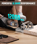 Close-up of the Smooth Operator 8.5 Amp Biscuit Joiner With Knockout 12000 RPM Power Head in use on a wood panel.
