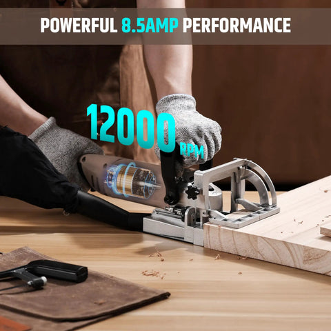 Close-up of the Smooth Operator 8.5 Amp Biscuit Joiner With Knockout 12000 RPM Power Head in use on a wood panel.