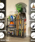 Heavy Duty Garden Tool Organizer Rack With Slick Storage Hooks And Multi Shelf Design For Garage Yard Shed Or Workshop vertical storage for tools.