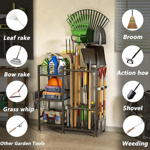 Heavy Duty Garden Tool Organizer Rack With Slick Storage Hooks And Multi Shelf Design For Garage Yard Shed Or Workshop vertical storage for tools.