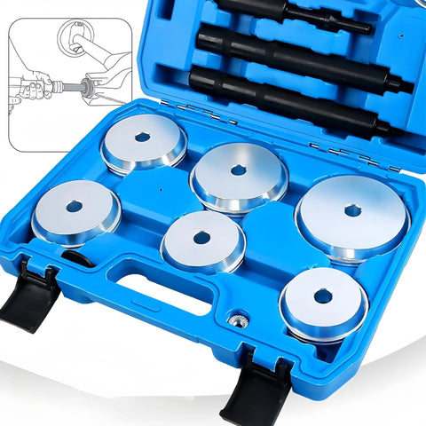 Pro Grade 13 Piece Wheel Bearing Press Kit With Race And Seal Driver Set, 8 Drive Discs And Pneumatic Adapter in blue case
