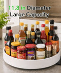 Two Pack White 11.8 Inch Lazy Susan Turntable With Slick Three Sixty Spin And Reliable Nonslip Base For Hassle Free Refrigerator Cabinet Spice Rack Setup with spices and condiments organized.