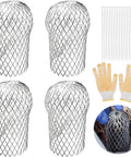 Expandable 3.5 Inch Aluminum Gutter Downspout Guards 4 Pack Leaf Filter Strainer Protectors showing four metal mesh guards, gloves, and usage diagram