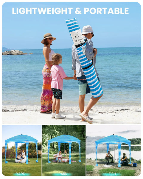 Family carrying Beach Cabana Sun Shelter 6x6 Ft With Sandbags And Side Wall For Family, Easy Setup, UPF 50 Plus UV Protection