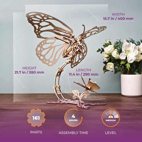Butterfly 3D Wooden Puzzle Kit For Adults And Teens, Laser Cut Mechanical Model, Easy To Assemble Home Decor, Chill Out Wooden Craft For Relaxation And Mindful Fun. 21.7 in high, 161 parts