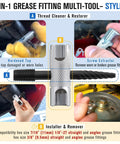 Complete Grease Fitting Replacement Kit With Zerk Tools And SAE And Metric Fittings, showcasing 4-in-1 multi-tool in use.