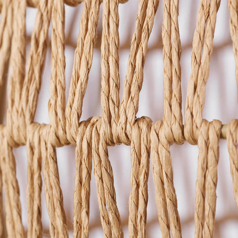 Close-up of natural blonde twine shade on Japandi Inspired Tika 1-Light Pendant with rustic chic feel for kitchens and dining rooms.