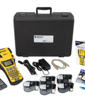 Portable Label Printer DataComm Starter Kit With Handheld Label Maker Multiple Label Tape Rolls Hard Carry Case And AC Adapter laid out on a table.