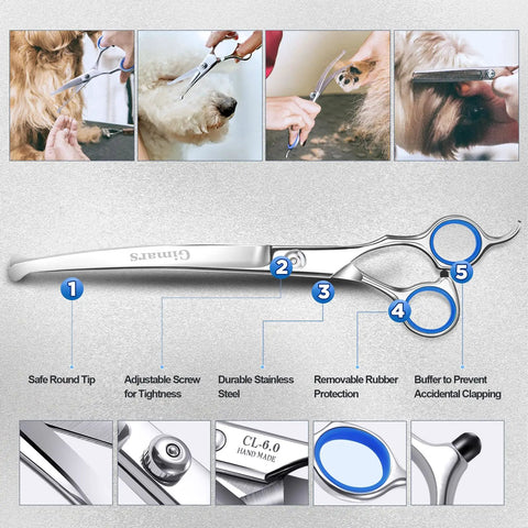 Titanium Coated Pro 6 In 1 4CR Stainless Steel Dog Grooming Scissors With Safety Round Tip Heavy Duty Pet Grooming Shears For Dogs Cats And Other Animals, stainless steel blade close-up