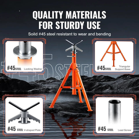 Orange VEVOR pipe stand, 27.2–52 in adjustable height, for 1/2–12 in pipes, folding steel tripod