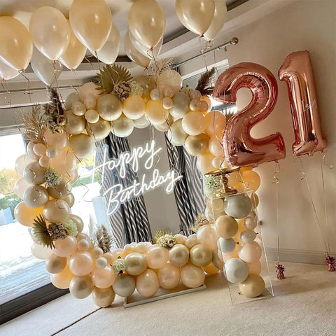 Lit Happy Birthday Neon Sign LED Light for Parties and Home Decor with 21st birthday balloon decorations indoors