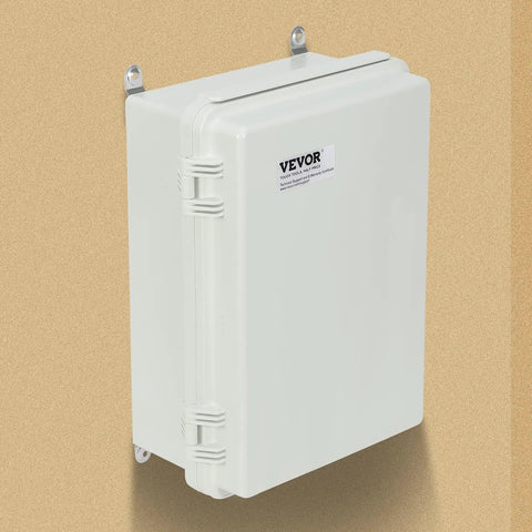 Rugged Weather Resistant Junction Box With Hinged Lid And Stainless Steel Lock ABS Plastic Enclosure IP67 Dust And Waterproof Large 16.93 x 12.99 x 7.09 Inch Interior For Wiring And Electrical Components, front view