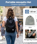 Woman with backpack carrying Instant Pop Up Mosquito Tent For Bed And Bunk Bed Sleeping Pad Fully Enclosed Foldable Bug Net