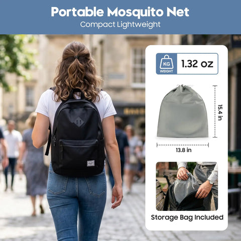 Woman with backpack carrying Instant Pop Up Mosquito Tent For Bed And Bunk Bed Sleeping Pad Fully Enclosed Foldable Bug Net