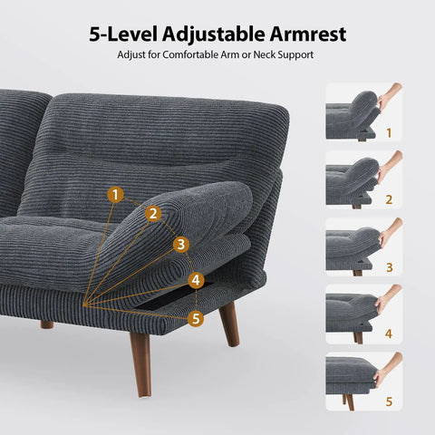 66 Inch Corduroy Futon Sofa Bed With Adjustable Backrest And Armrests, Grey 5-level armrest adjustment feature, focus on details