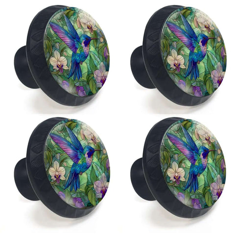 4 Pack Hummingbird Cabinet Knobs With Stained Glass Orchid Design For Kitchen And Bath Vibrant Gradient Translucent Glass