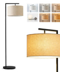 Modern LED Floor Lamp With Tan Fabric Shade Tall Corner Pole Standing Light For Living Rooms And Offices Ideal Bedroom Reading Light Black Finish That Fits Contemporary Home Decor And Brings A Bright Warm Vibe To Any Space, showing full view and close-up.