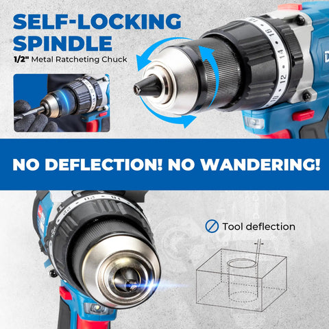 Close-up of 20V Brushless Hammer Drill Kit With 4Ah Battery, one half inch keyless metal chuck, showing self-locking spindle feature.