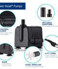 Submersible Fountain Pump 120 GPH For Ponds, Fountains, And Birdbaths, Oil Free Ceramic Impeller with controls and adapters