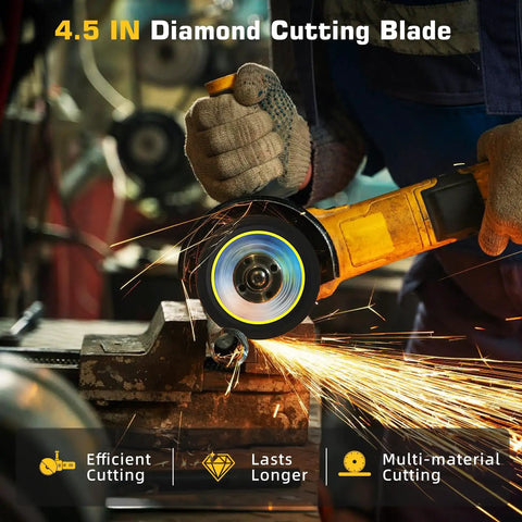 Total Game Changer 4.5 Inch Diamond Saw Blades For Angle Grinders Heavy Duty Cut Off Wheels slicing through metal with sparks flying.