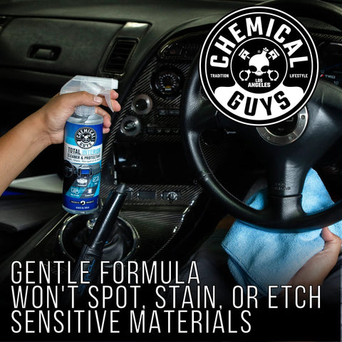 Chemical Guys Total Interior Cleaner & Protectant spray bottle in car, blue microfiber cloth, 16 oz.