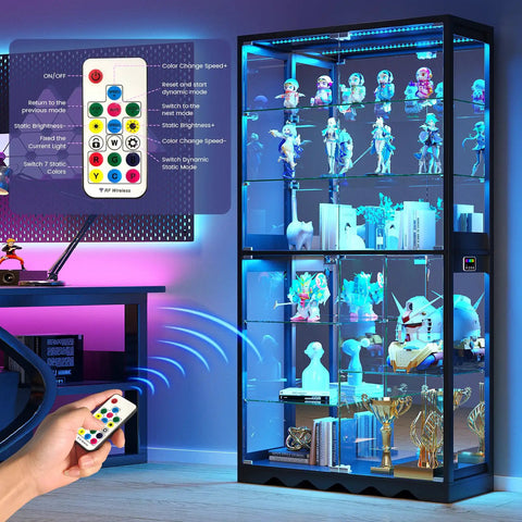 8-Tier RGB Glass Display Cabinet With Motion Sensor And Remote, Lockable Glass Doors, 73 Inch Tall Curio Showcase For Collectibles