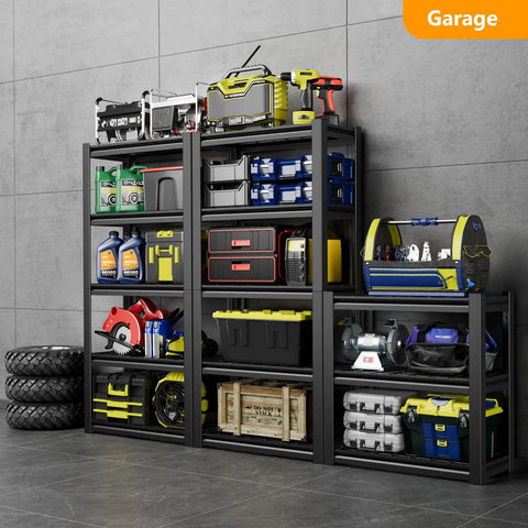 Beefy Heavy Duty Five Tier Steel Storage Shelving Unit With 600 Lb Per Shelf Capacity, Built For Garage And Warehouse Use, 72 Inch High, 35 Inch Wide, 16 Inch Deep, Industrial Metal Shelves Built To Last, loaded in garage