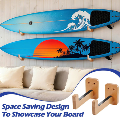 Top Shelf Beech Wood Surfboard Wall Mount Rack With Grippy Non Slip V Pads For Rock Solid Vertical Storage Of Longboards Shortboards Skis And Snow Gear, showcasing two surfboards on wall.