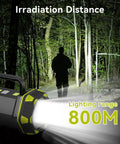 Emergency Spotlight Flashlight And Rechargeable Camping Lantern illuminating 800m trail at night in forest
