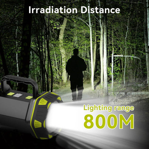 Emergency Spotlight Flashlight And Rechargeable Camping Lantern illuminating 800m trail at night in forest