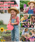 Kids using Pink Kids Gardening Tools Set With Rake Shovel Trowel Watering Can Gloves Apron Tote Bag Plant Pots in a garden