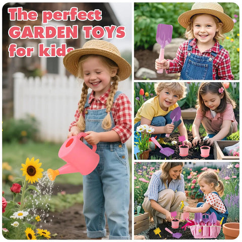 Kids using Pink Kids Gardening Tools Set With Rake Shovel Trowel Watering Can Gloves Apron Tote Bag Plant Pots in a garden