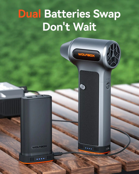 Beast-Mode MF200-2PK High-Pressure Air Duster with dual swappable batteries on a wooden table