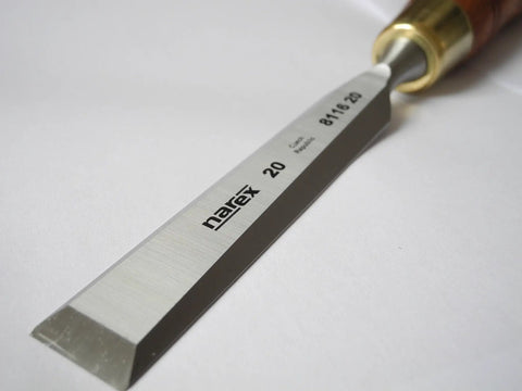 Close-up of Solid 4-Piece Woodworking Chisel Set With Hornbeam Handles, 20 mm blade, Chrome Manganese Steel RC59, for precise joinery.