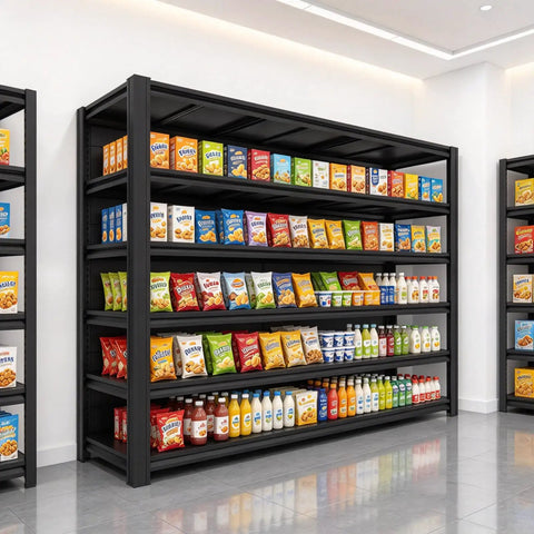 Heavy Duty Garage Shelving 6 Tier Steel Storage Rack 6000 Lbs Capacity Built Like A Tank Adjustable Metal Shelf Unit For Warehouse Workshop Tool Organization And Storage displaying snacks and beverages.