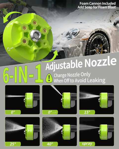 6-in-1 adjustable nozzle for Cordless Handheld Pressure Washer 1100 PSI Battery Powered With Copper Motor, 23 Ft Hose in lime green.