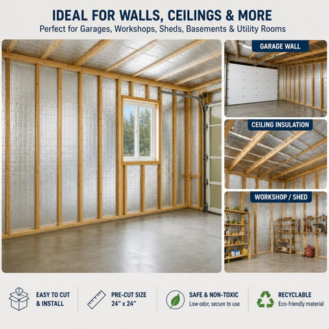 Top Notch Mineral Wool Acoustic Insulation Panels With Heavy Duty Aluminum Foil Backing Sound Dampening Heat Barrier Knock Out Noise And Block Drafts In Garages Or Sheds 24x24x1.6 Inch 4 Pack installed on a garage wall with reflective foil backing.