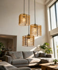 milaruoro Farmhouse Pendant Light Fixture, 3 Light Black Wood Pendant Lighting, 17.7" Wooden Chandelier hanging in cozy living room.