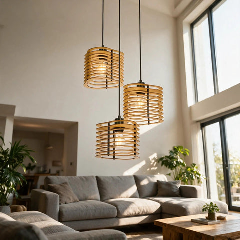 milaruoro Farmhouse Pendant Light Fixture, 3 Light Black Wood Pendant Lighting, 17.7" Wooden Chandelier hanging in cozy living room.